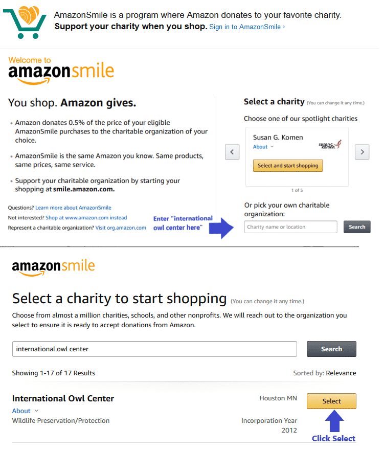 Visual instructions for selecting a charity with AmazonSmile.