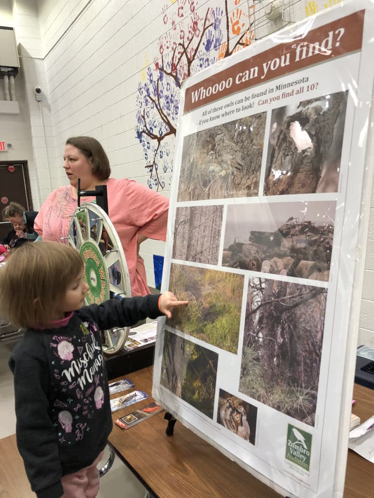 Youngest Nomad learning about birds, pointing at a display by the Zumbro Valley Audubon