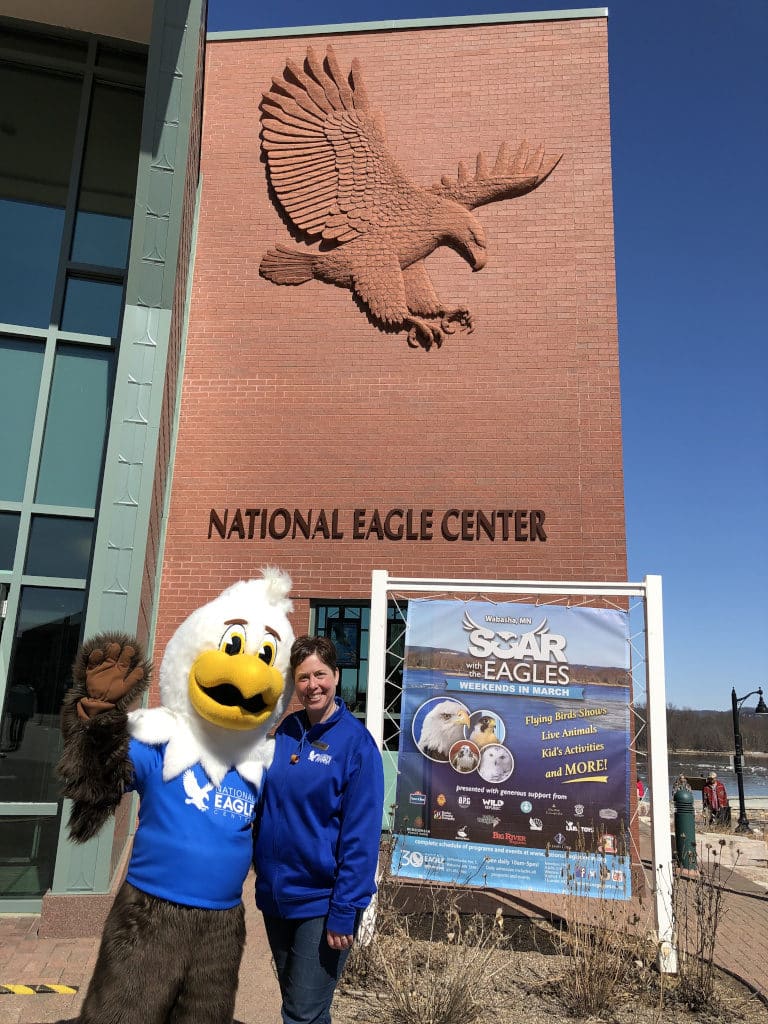 Mascot Sky and  Jess (volunteer) at the National Eagle Center